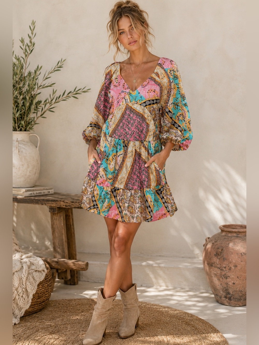 Meritt Boho Patchwork Paisley Mini Dress Womens Medium Pockets Puff Sleeve NWT